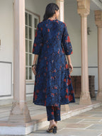 Navy Blue Pure Cotton Floral Printed A-line Kurta Pant Set