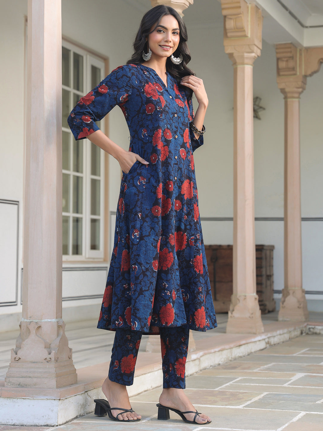 Navy Blue Pure Cotton Floral Printed A-line Kurta Pant Set - qivii