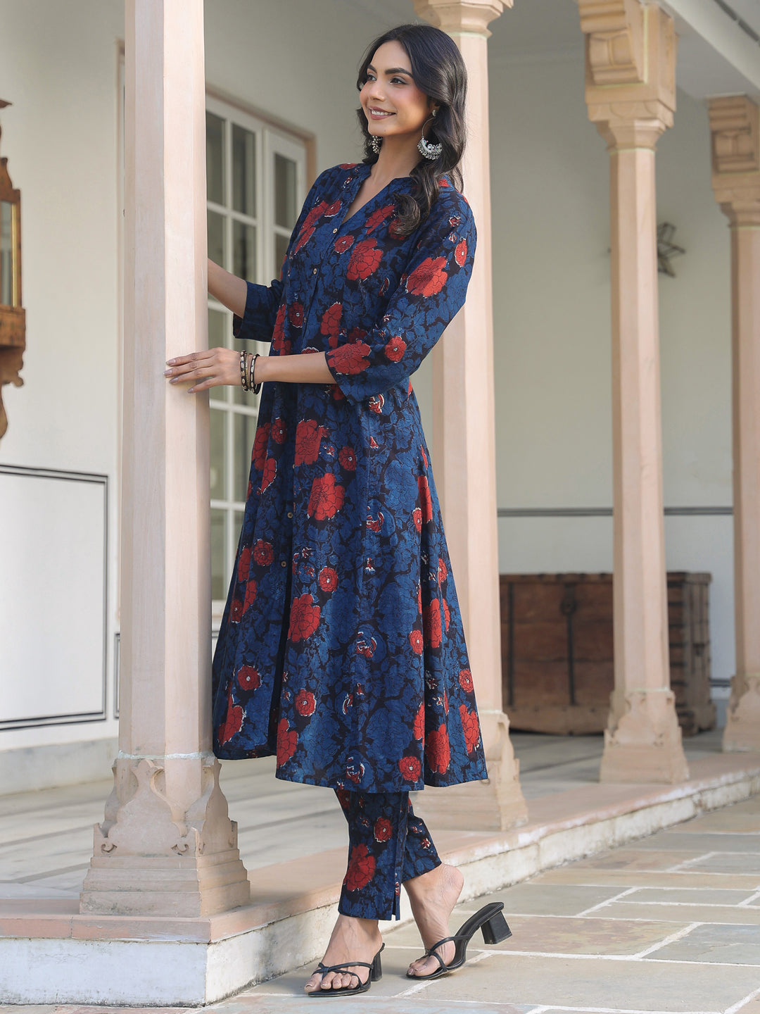 Navy Blue Pure Cotton Floral Printed A-line Kurta Pant Set - qivii