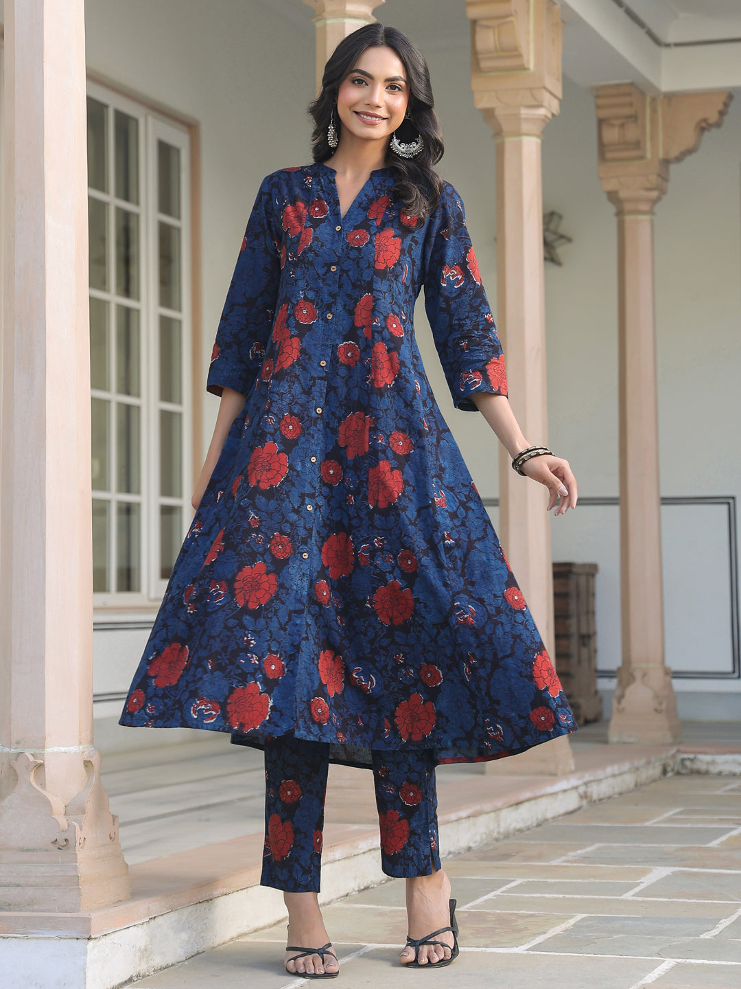 Navy Blue Pure Cotton Floral Printed A-line Kurta Pant Set