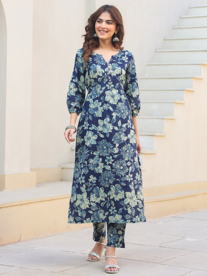 Indigo Pure Cotton Floral Printed Straight Kurta Pant Set - qivii