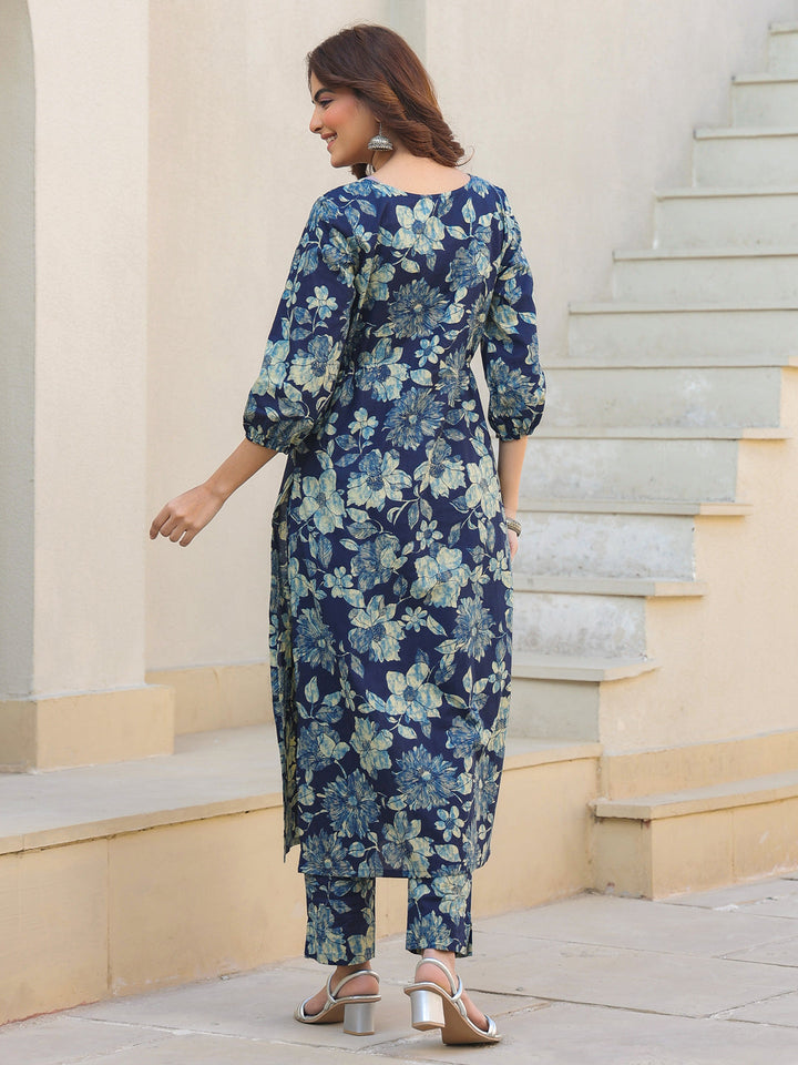 Indigo Pure Cotton Floral Printed Straight Kurta Pant Set - qivii