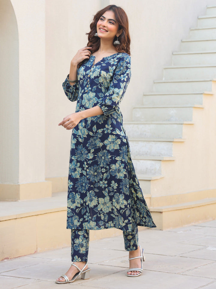 Indigo Pure Cotton Floral Printed Straight Kurta Pant Set - qivii