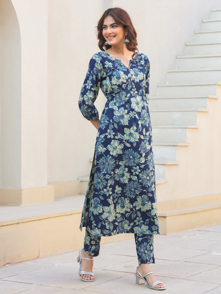 Indigo Pure Cotton Floral Printed Straight Kurta Pant Set - qivii