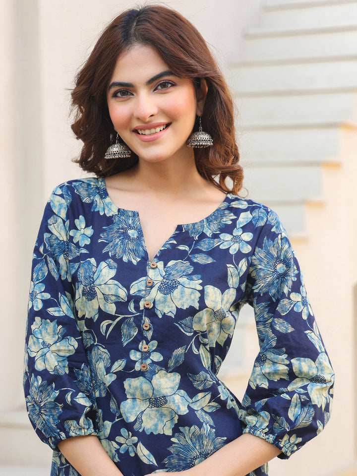 Indigo Pure Cotton Floral Printed Straight Kurta Pant Set - qivii