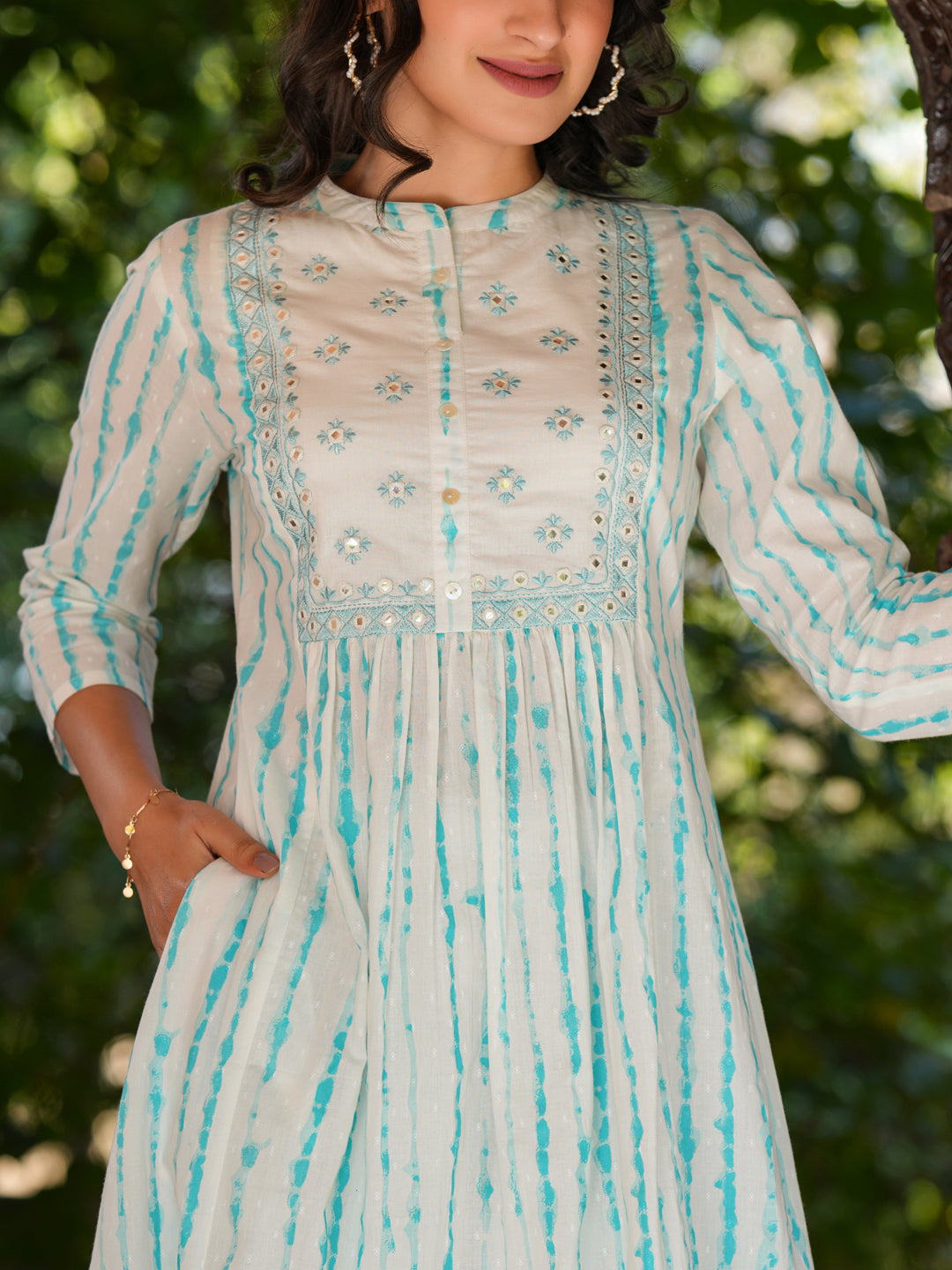 White Pure Cotton Tie & Dye Mirror Work A-Line Kurta Set - qivii