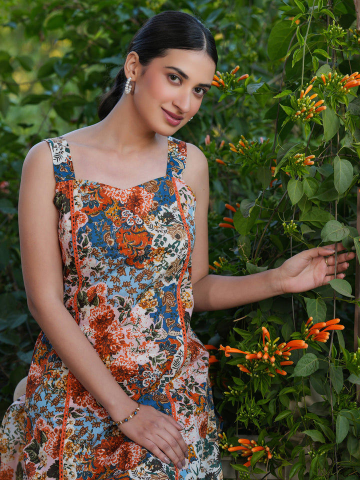 Multicolor Pure Cotton Floral Printed Straight Kurta Set - qivii