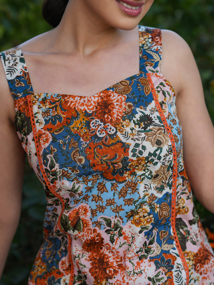 Multicolor Pure Cotton Floral Printed Straight Kurta Set - qivii