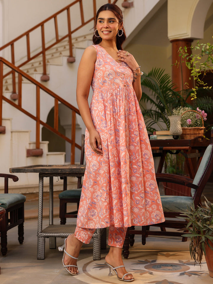 Coral Pure Cotton Floral Printed A-line Kurta Pant Set - qivii