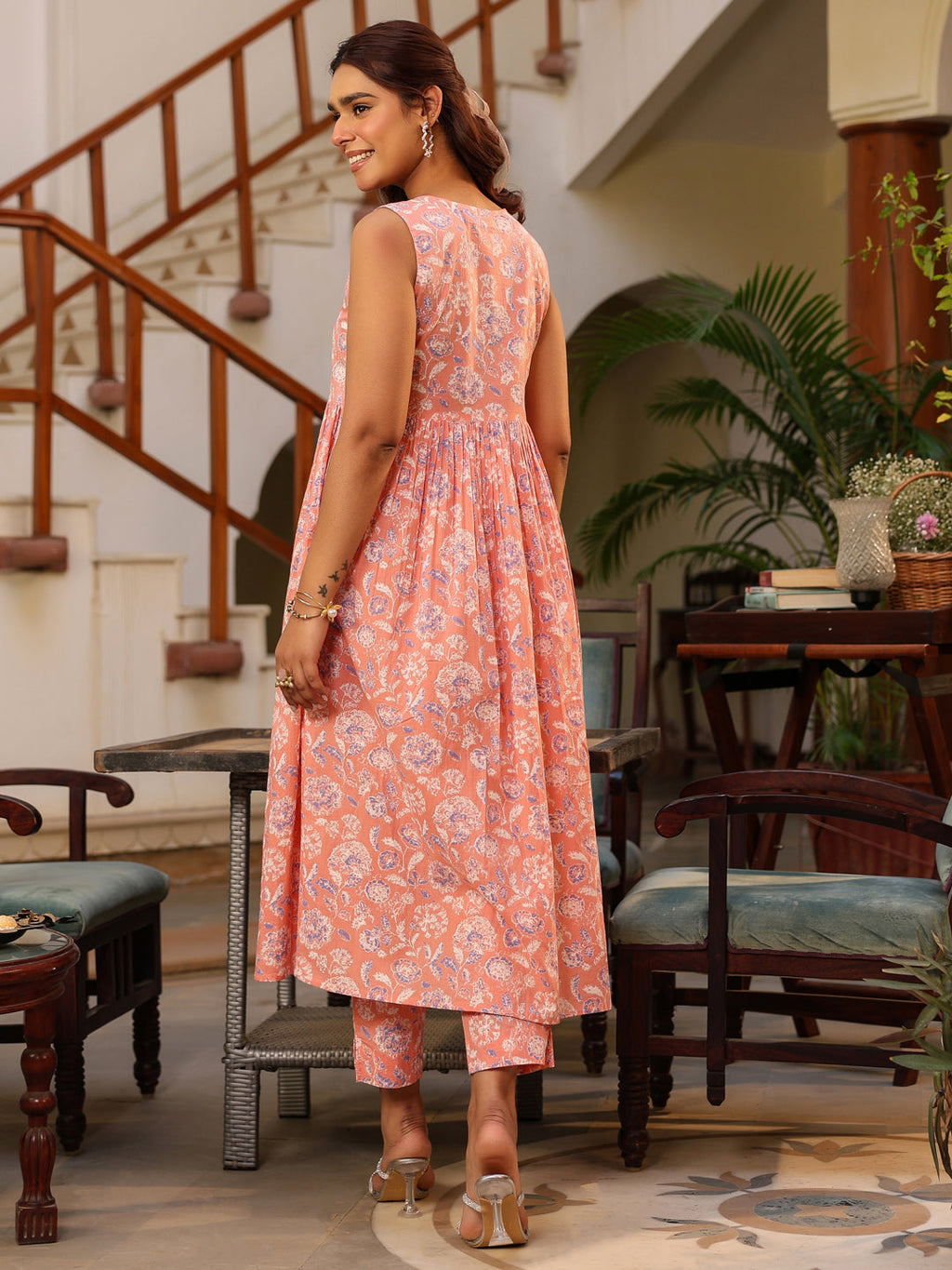 Coral Pure Cotton Floral Printed A-line Kurta Pant Set