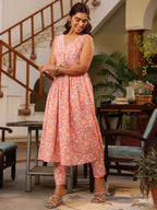 Coral Pure Cotton Floral Printed A-line Kurta Pant Set