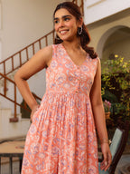 Coral Pure Cotton Floral Printed A-line Kurta Pant Set