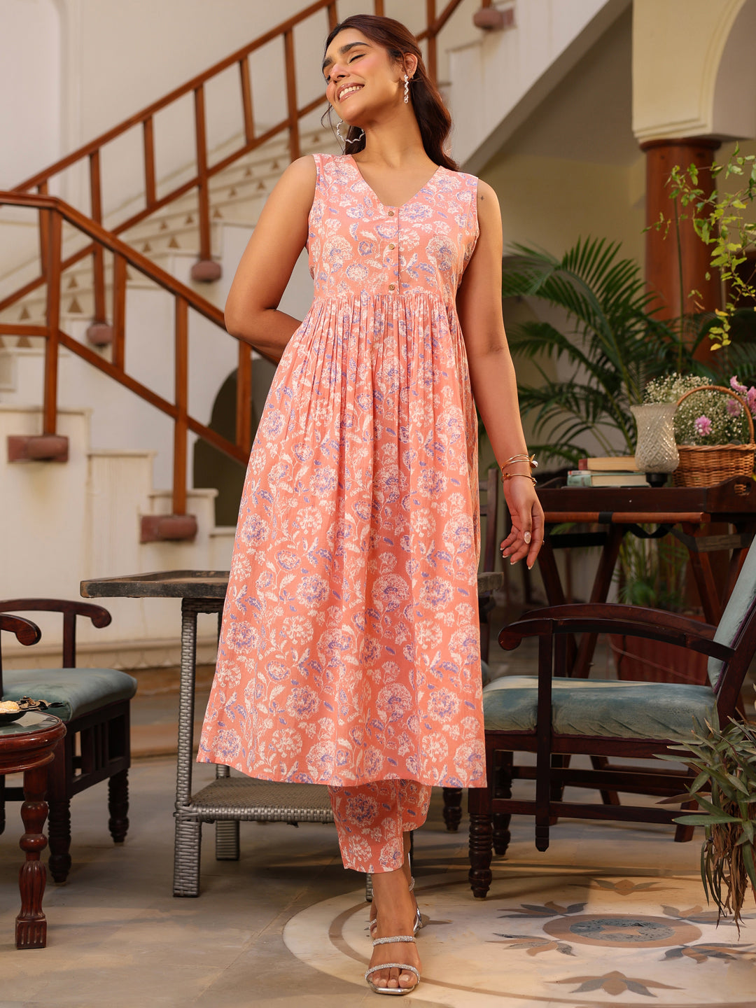 Coral Pure Cotton Floral Printed A-line Kurta Pant Set - qivii