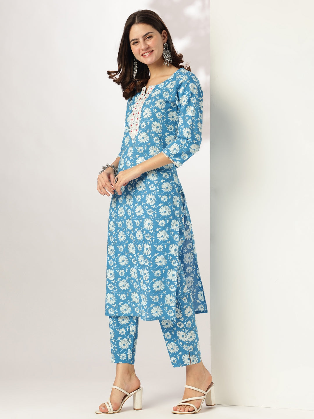 Blue Pure Cotton Floral Printed Straight Kurta Pant Set - qivii