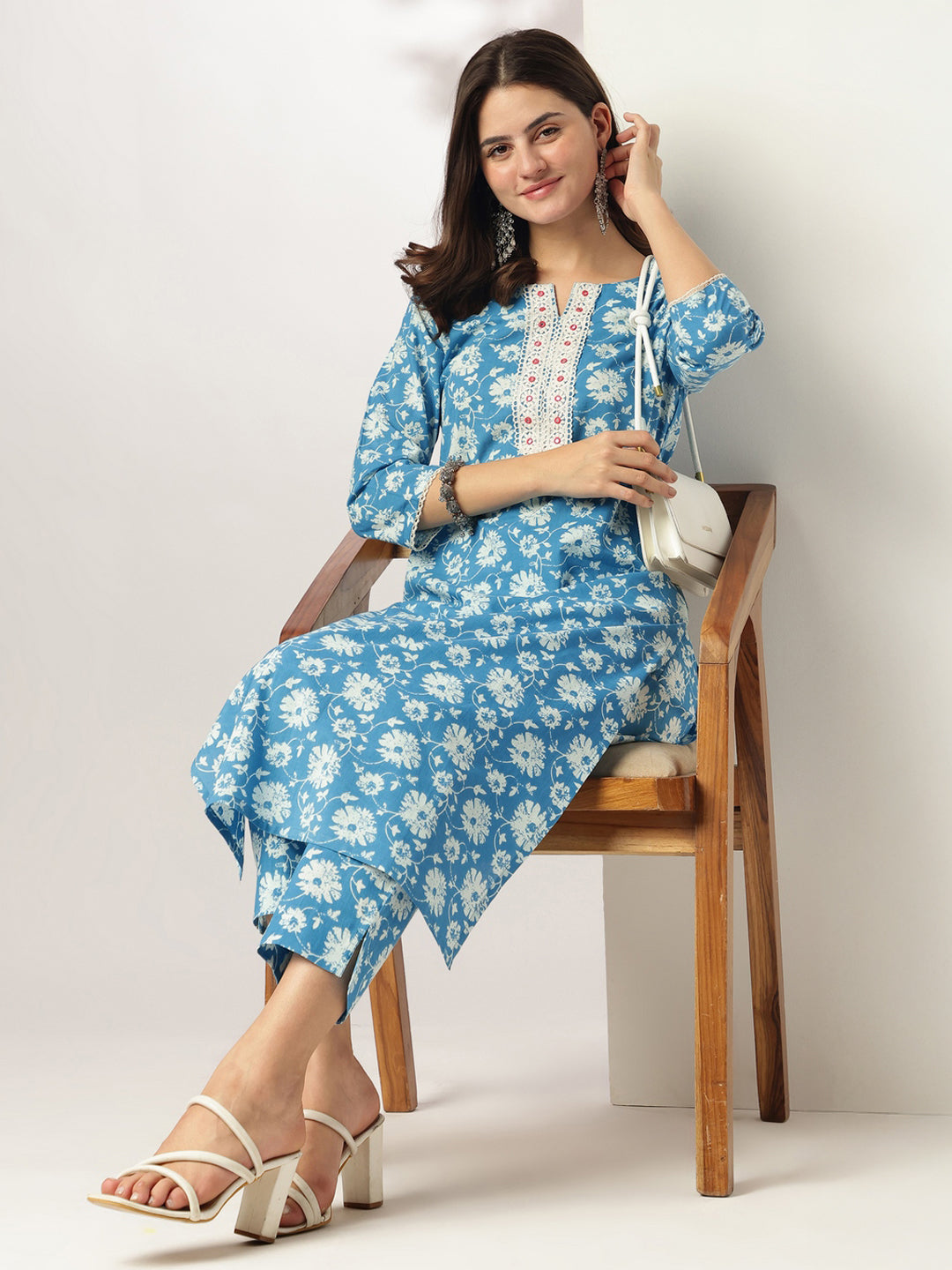 Blue Pure Cotton Floral Printed Straight Kurta Pant Set - qivii