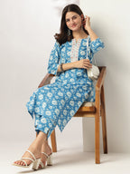 Blue Pure Cotton Floral Printed Straight Kurta Pant Set