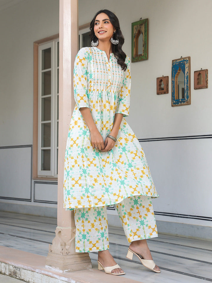 White Pure Cotton Yoke Embroidered Abstract Printed A-line Kurta Pant Set - qivii