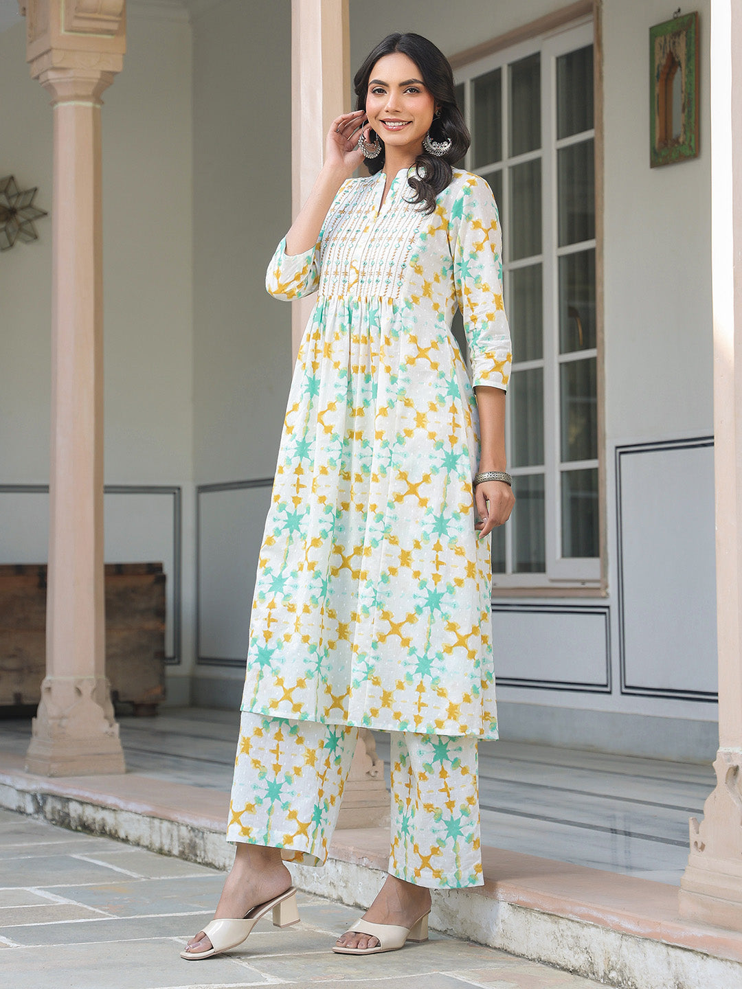 White Pure Cotton Yoke Embroidered Abstract Printed A-line Kurta Pant Set - qivii