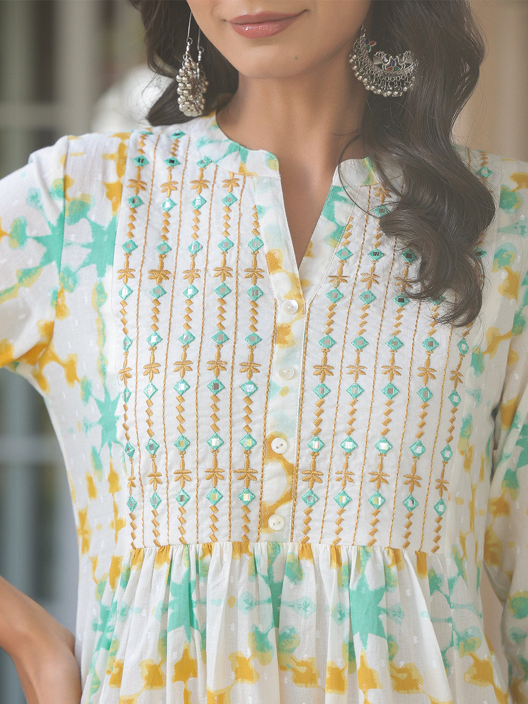 White Pure Cotton Yoke Embroidered Abstract Printed A-line Kurta Pant Set - qivii