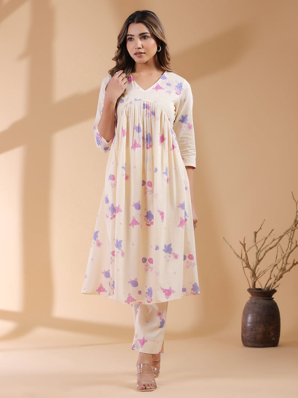 Cream Pure Cotton Floral Printed A-line Kurta Set