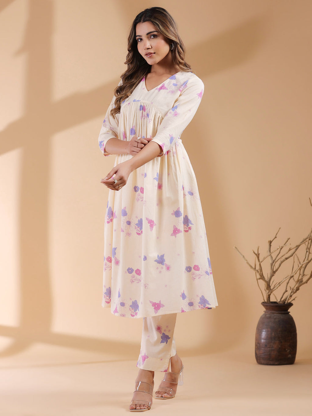Cream Pure Cotton Floral Printed A-line Kurta Set