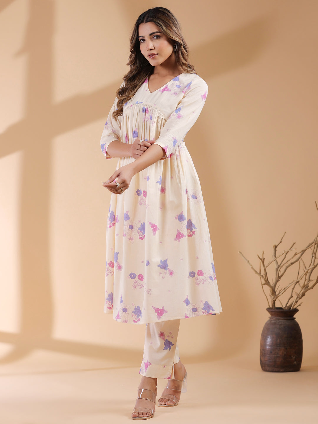 Cream Pure Cotton Floral Printed A-line Kurta Set - qivii