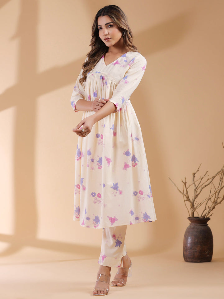 Cream Pure Cotton Floral Printed A-line Kurta Set - qivii