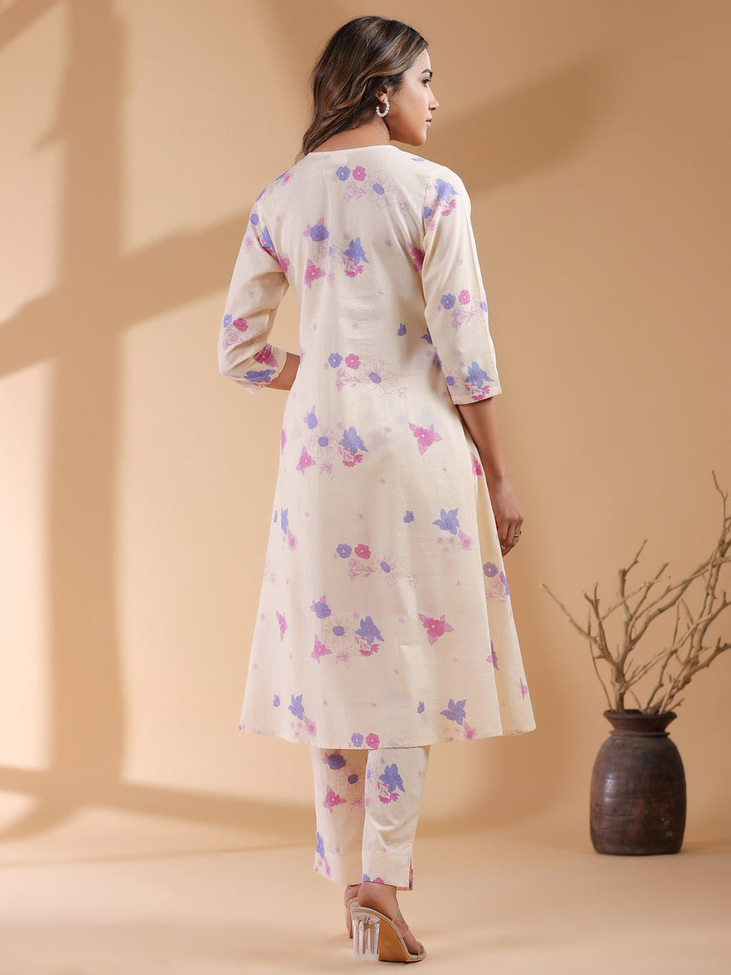 Cream Pure Cotton Floral Printed A-line Kurta Set