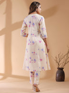 Cream Pure Cotton Floral Printed A-line Kurta Set