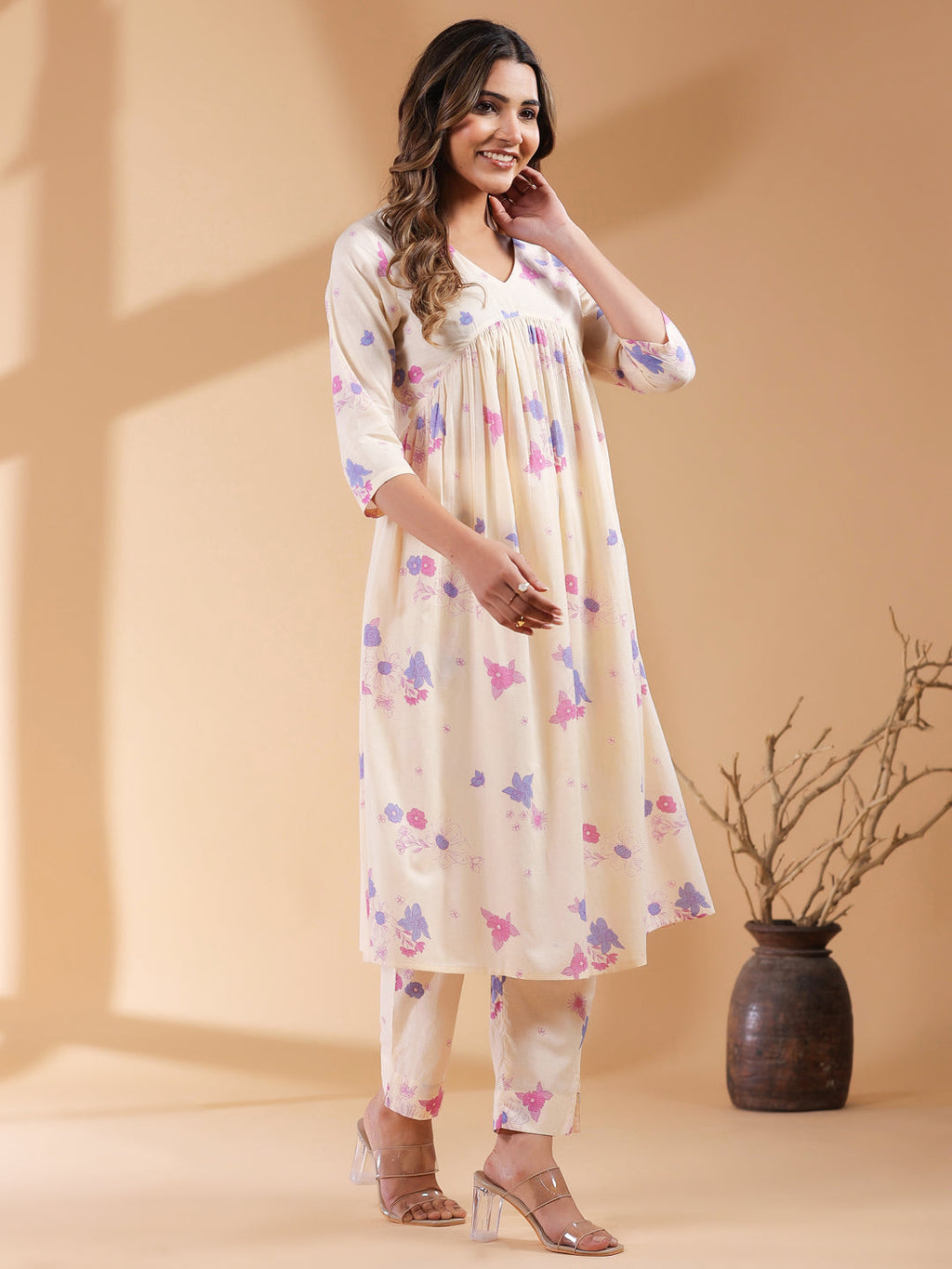 Cream Pure Cotton Floral Printed A-line Kurta Set