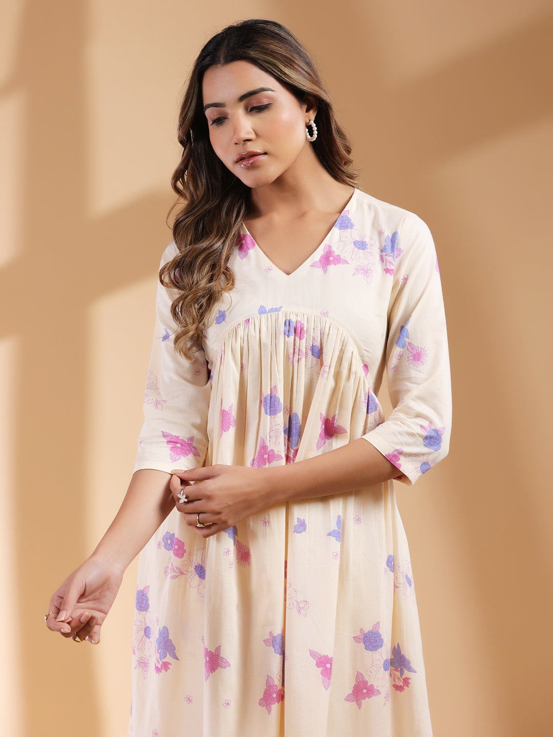 Cream Pure Cotton Floral Printed A-line Kurta Set