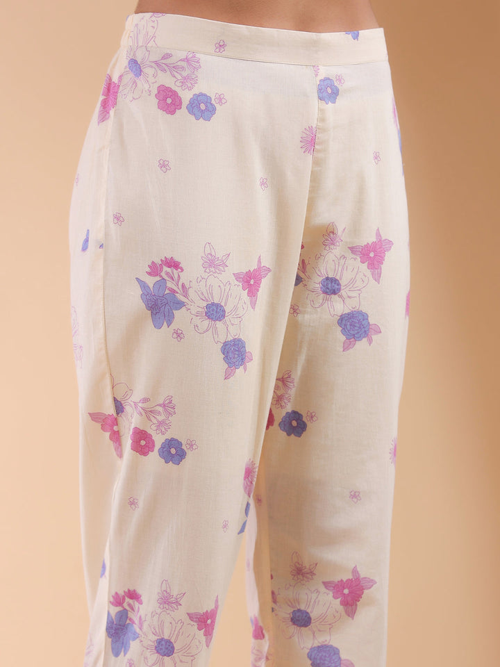 Cream Pure Cotton Floral Printed A-line Kurta Set - qivii