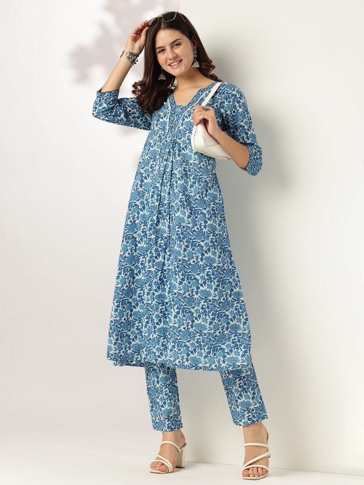 Janasya Women's Indigo Pure Cotton Floral Printed A-line Kurta Pant Set - qivii