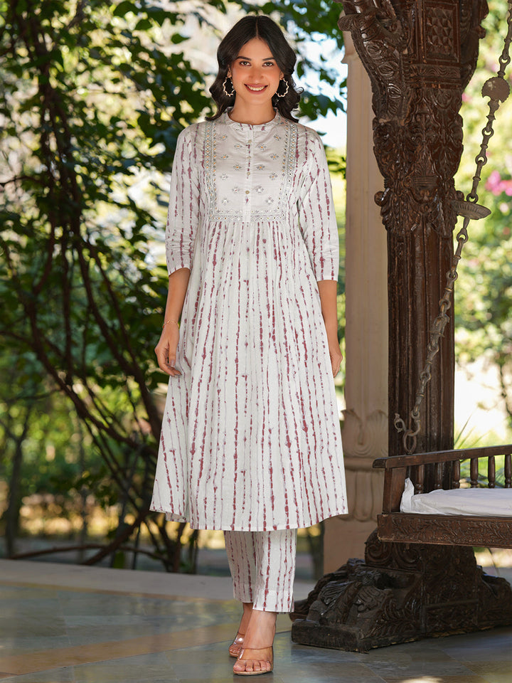 Janasya Women's White Pure Cotton Tie & Dye With Mirror Work A-line Kurta Pant Set - qivii