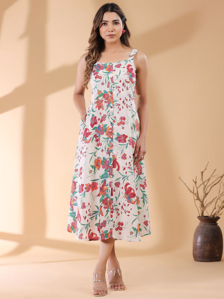 Off White Pure Cotton Floral Printed A-line Dress - qivii