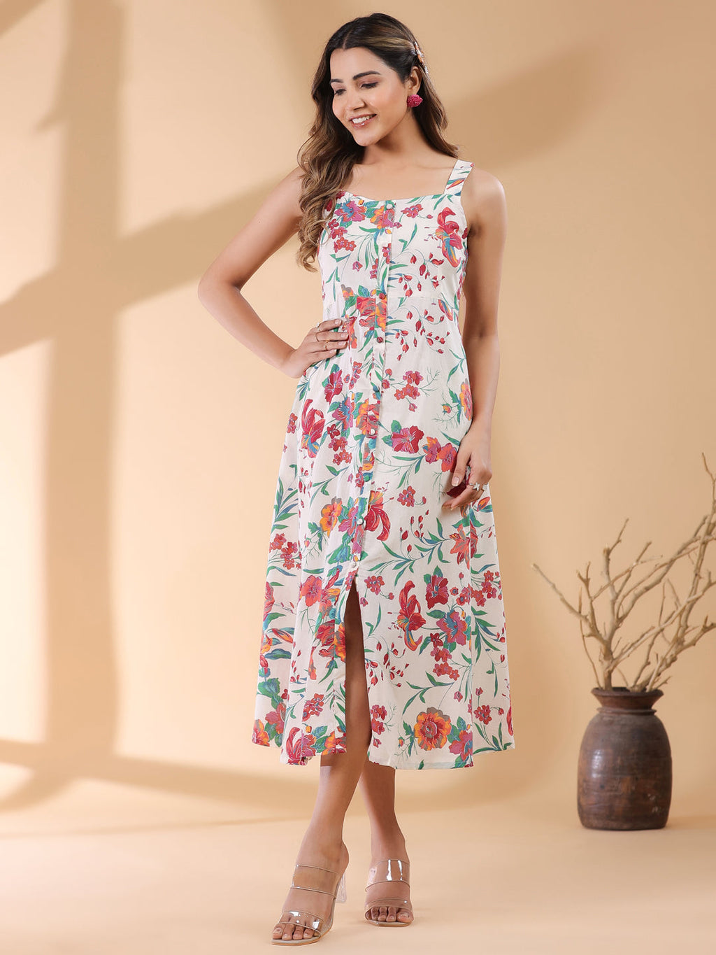 Off White Pure Cotton Floral Printed A-line Dress