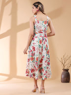 Off White Pure Cotton Floral Printed A-line Dress