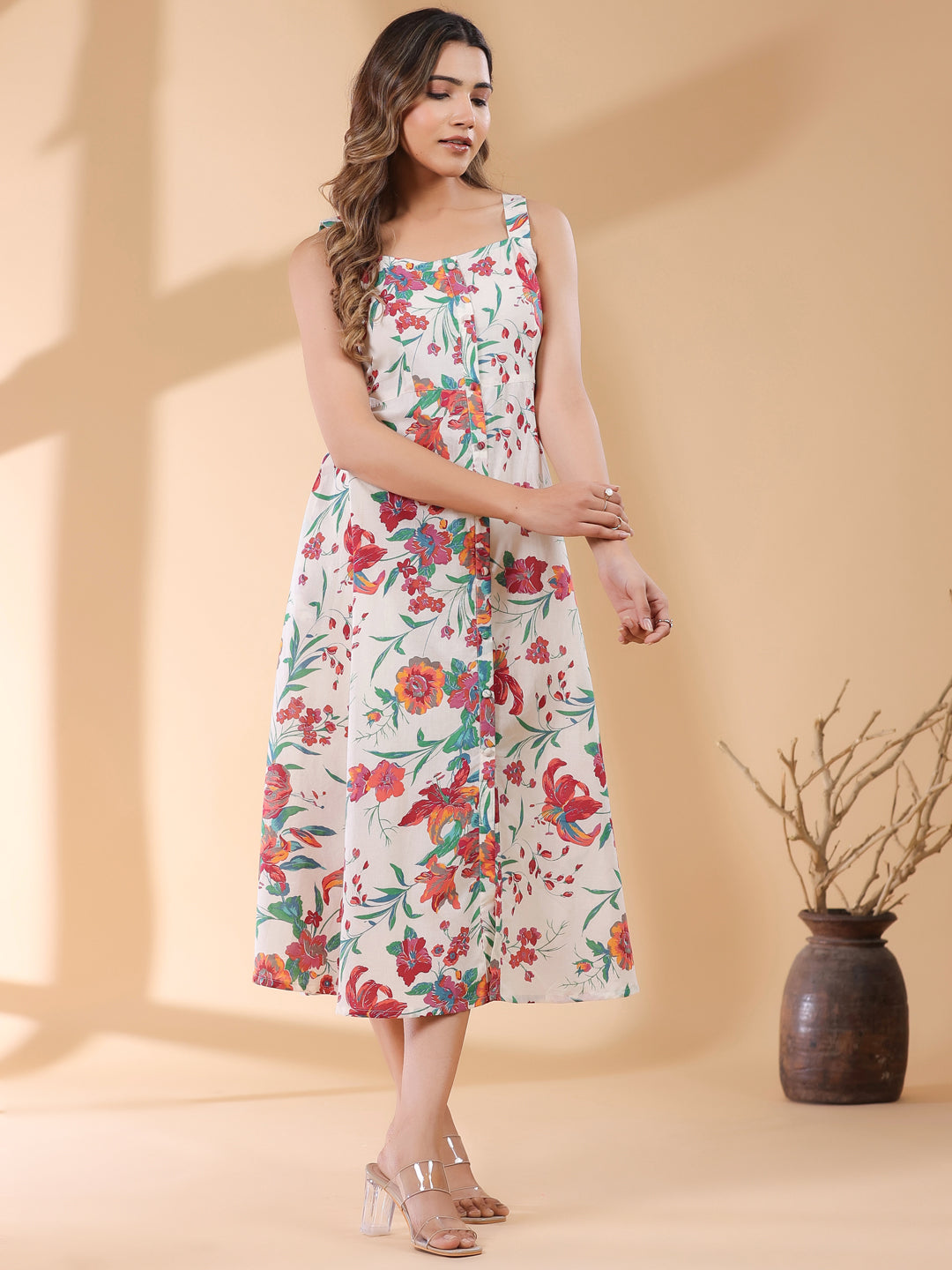 Off White Pure Cotton Floral Printed A-line Dress