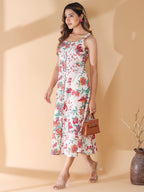 Off White Pure Cotton Floral Printed A-line Dress