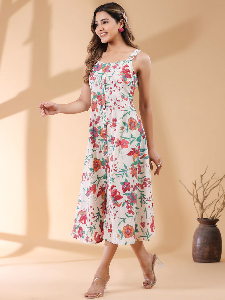 Off White Pure Cotton Floral Printed A-line Dress - qivii