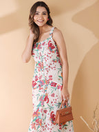 Off White Pure Cotton Floral Printed A-line Dress