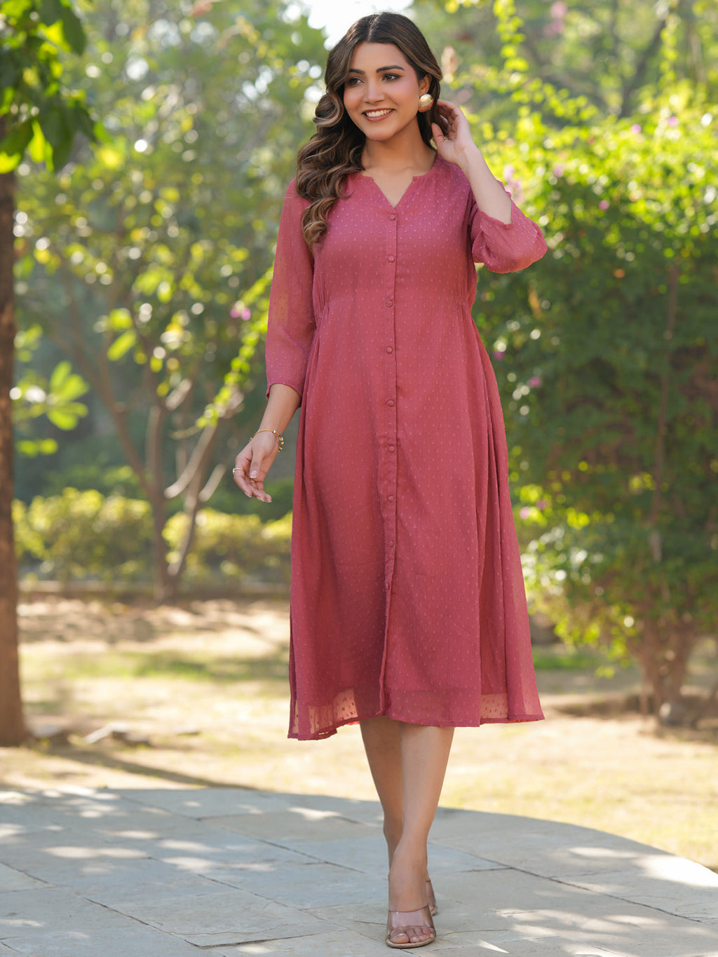 Mauve Dobby Chiffon Self Design A-line Dress