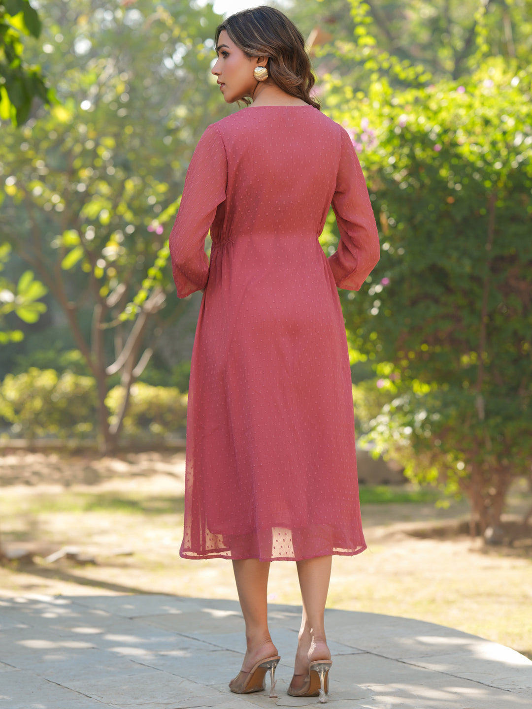 Mauve Dobby Chiffon Self Design A-line Dress - qivii