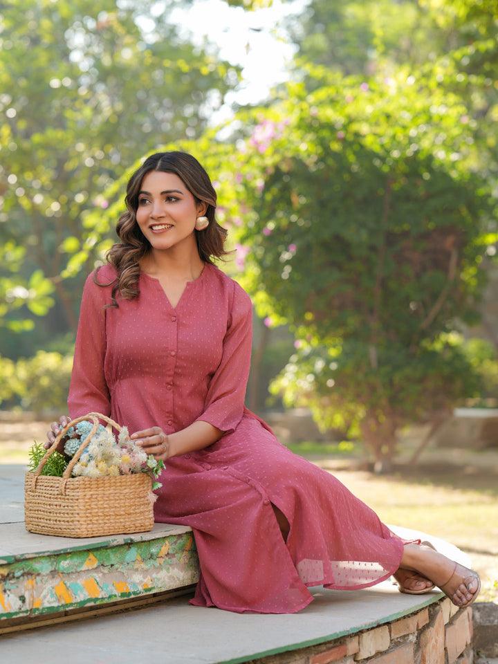 Mauve Dobby Chiffon Self Design A-line Dress - qivii