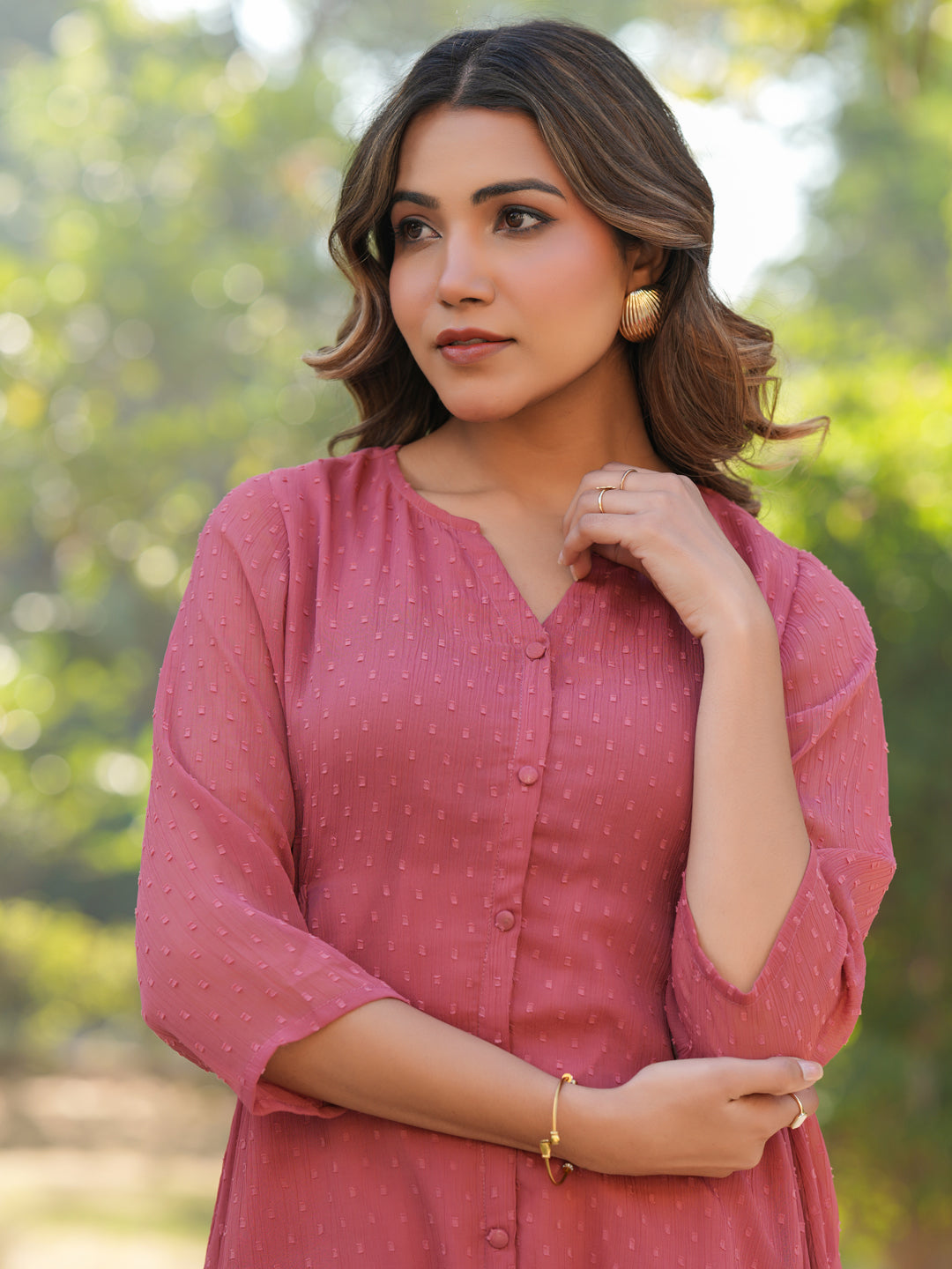 Mauve Dobby Chiffon Self Design A-line Dress - qivii