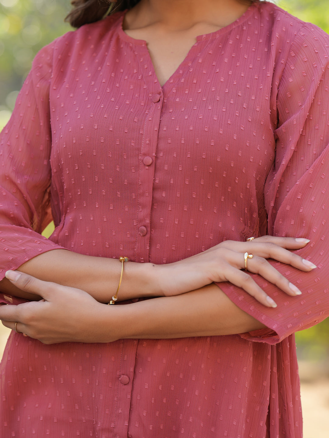 Mauve Dobby Chiffon Self Design A-line Dress