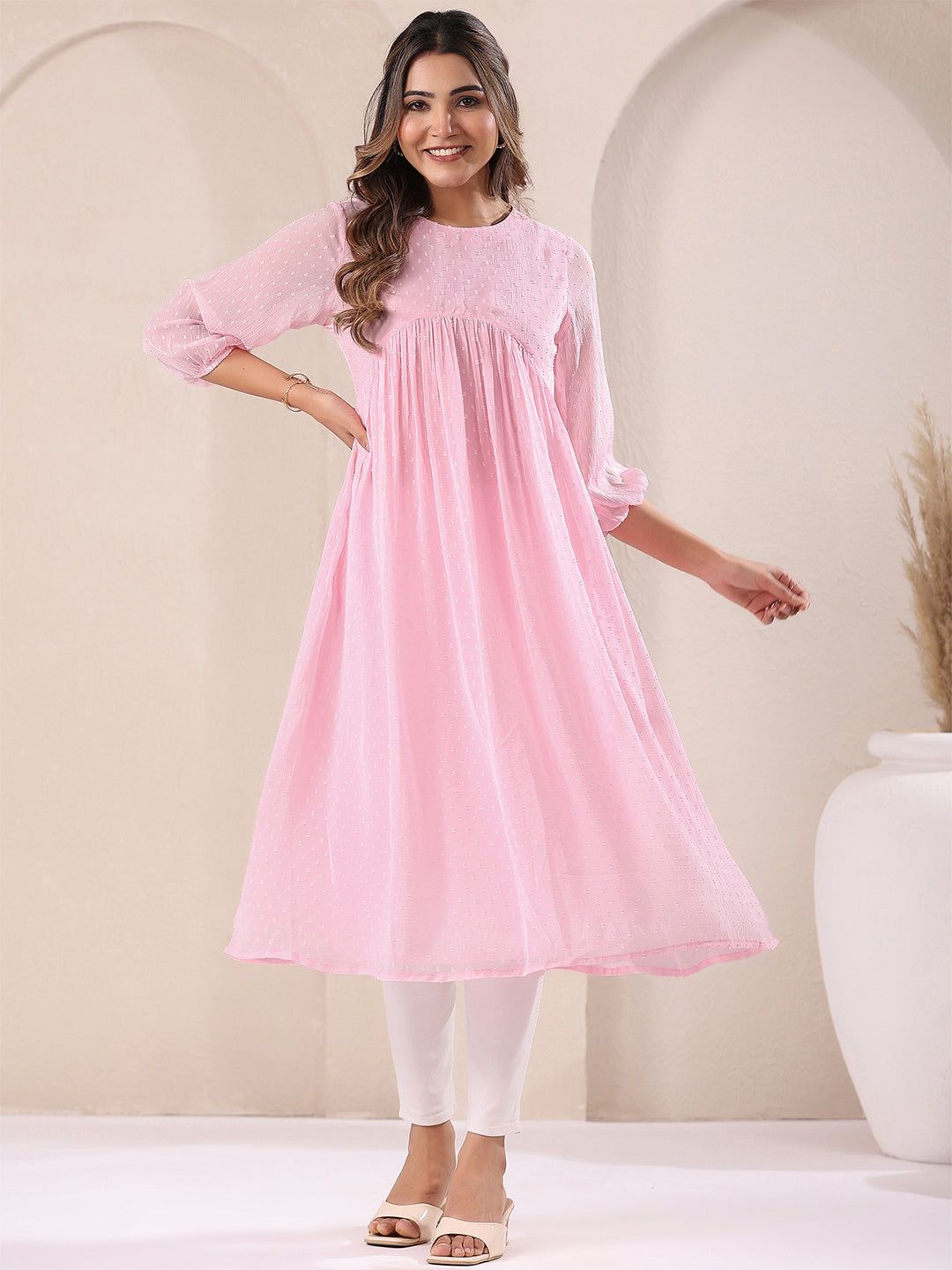 Baby Pink Dobby Chiffon Self Design A-Line Kurta - qivii