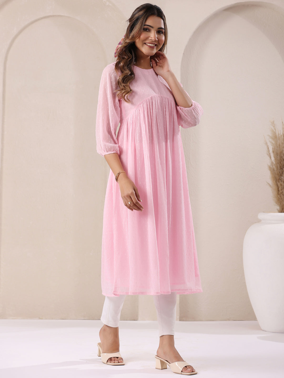 Baby Pink Dobby Chiffon Self Design A-Line Kurta - qivii