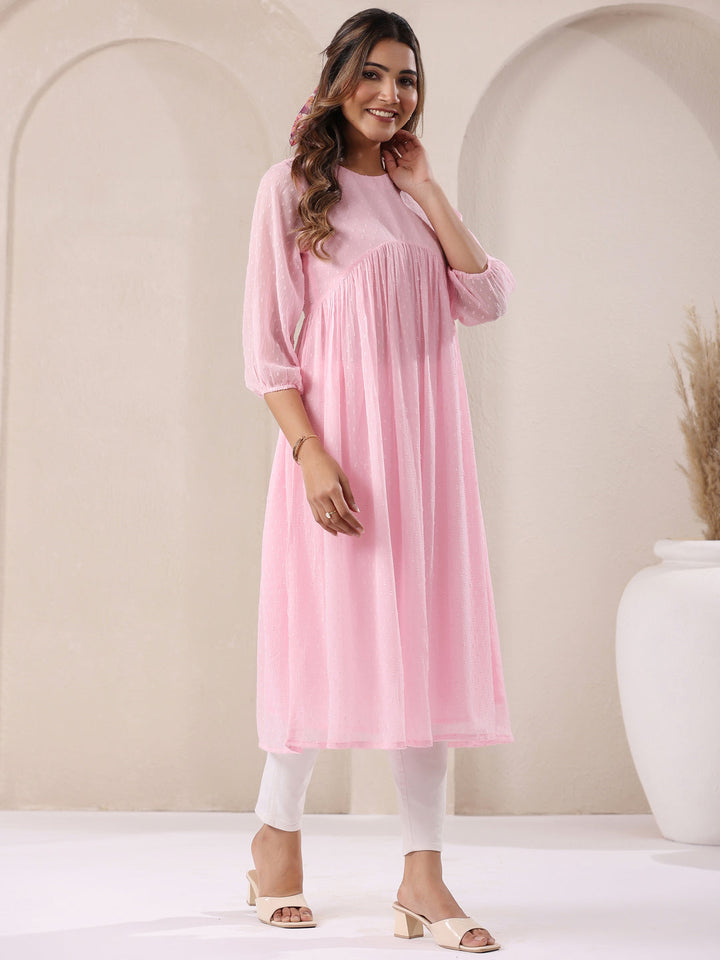 Baby Pink Dobby Chiffon Self Design A-Line Kurta - qivii