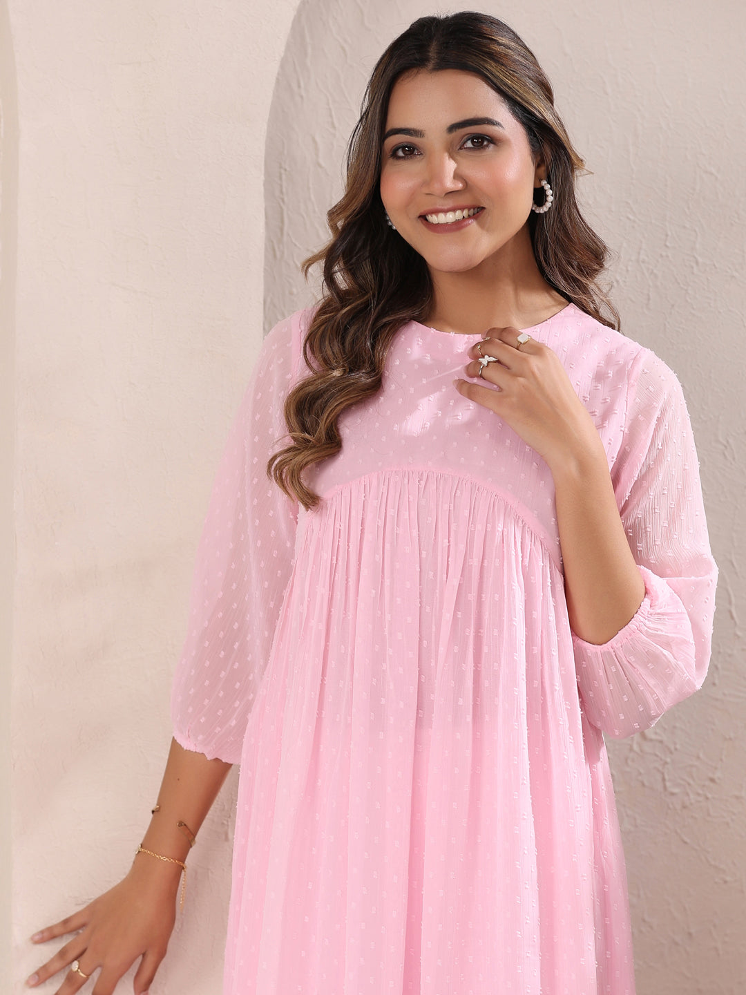 Baby Pink Dobby Chiffon Self Design A-Line Kurta - qivii